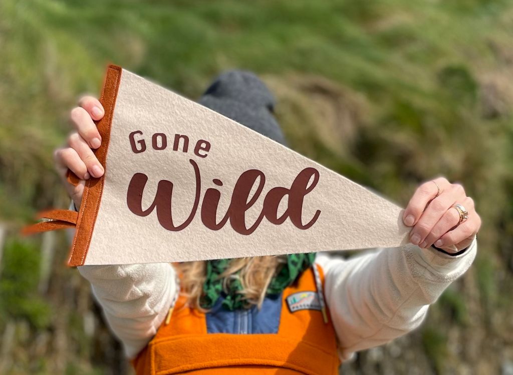 Gone Wild pennant flag being held up on a beach