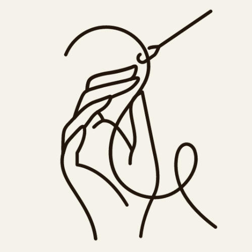 A picture of a hand with a needle and thread and the wording Handcrafted underneath