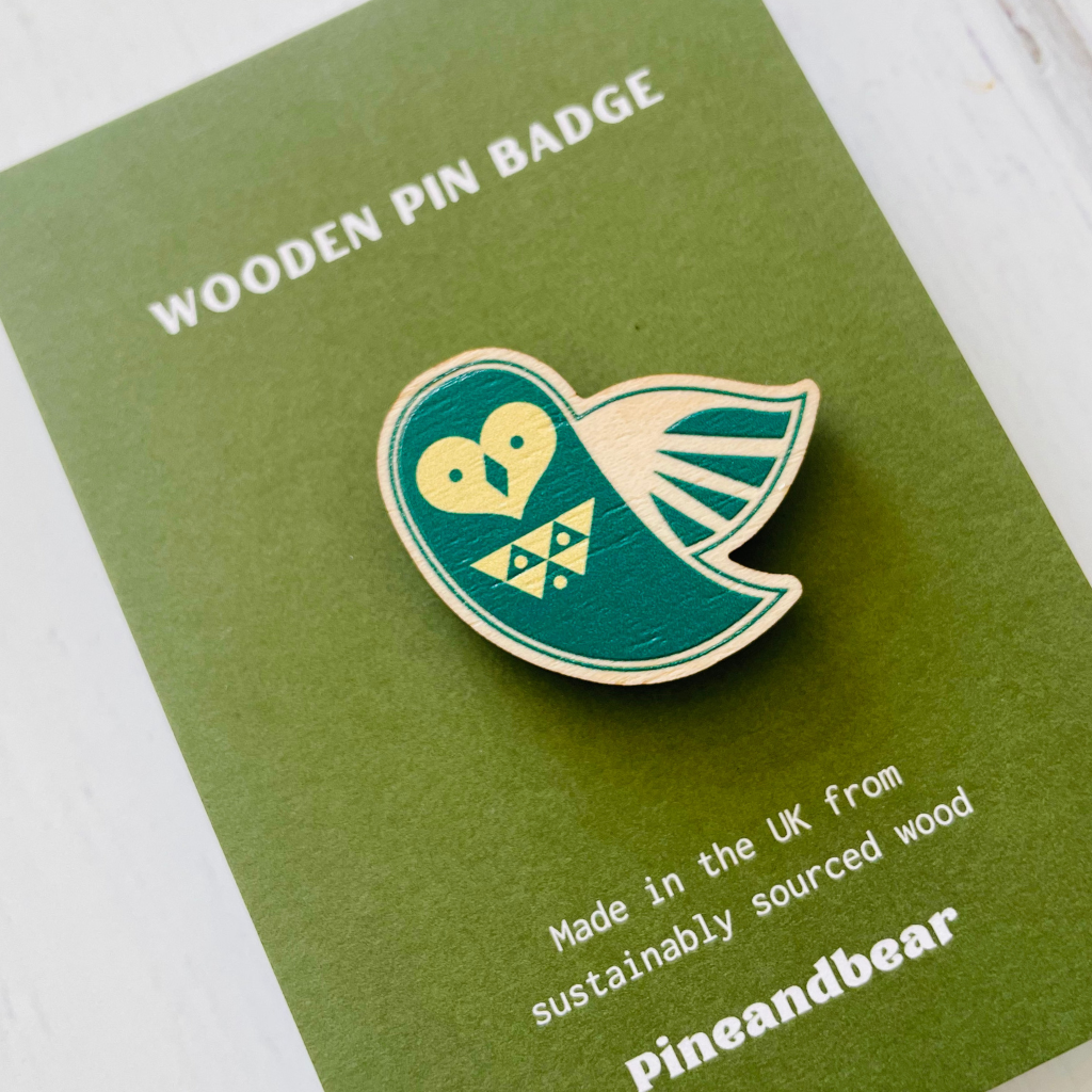 Wooden Owl Pin Badge