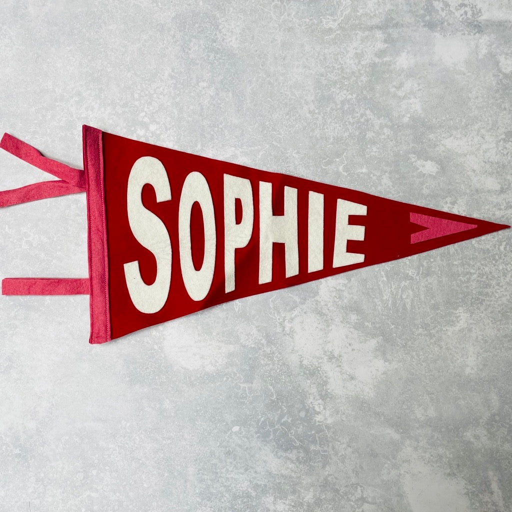 personalised name pennant in red,pink and white