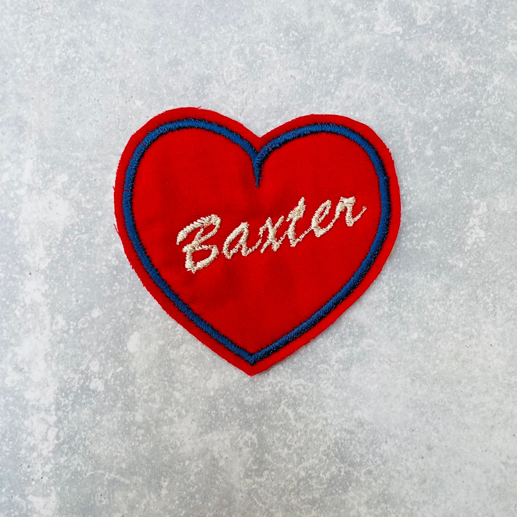 Custom heart patch in red and blue.