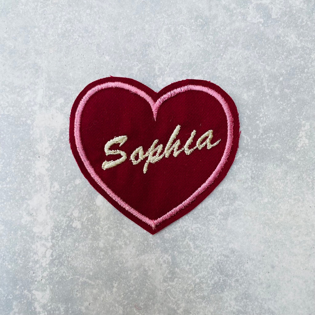 Custom heart patch in burgundy and pink.