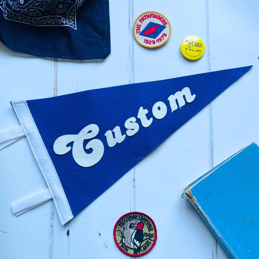 Small custom pennant flag in blue and white