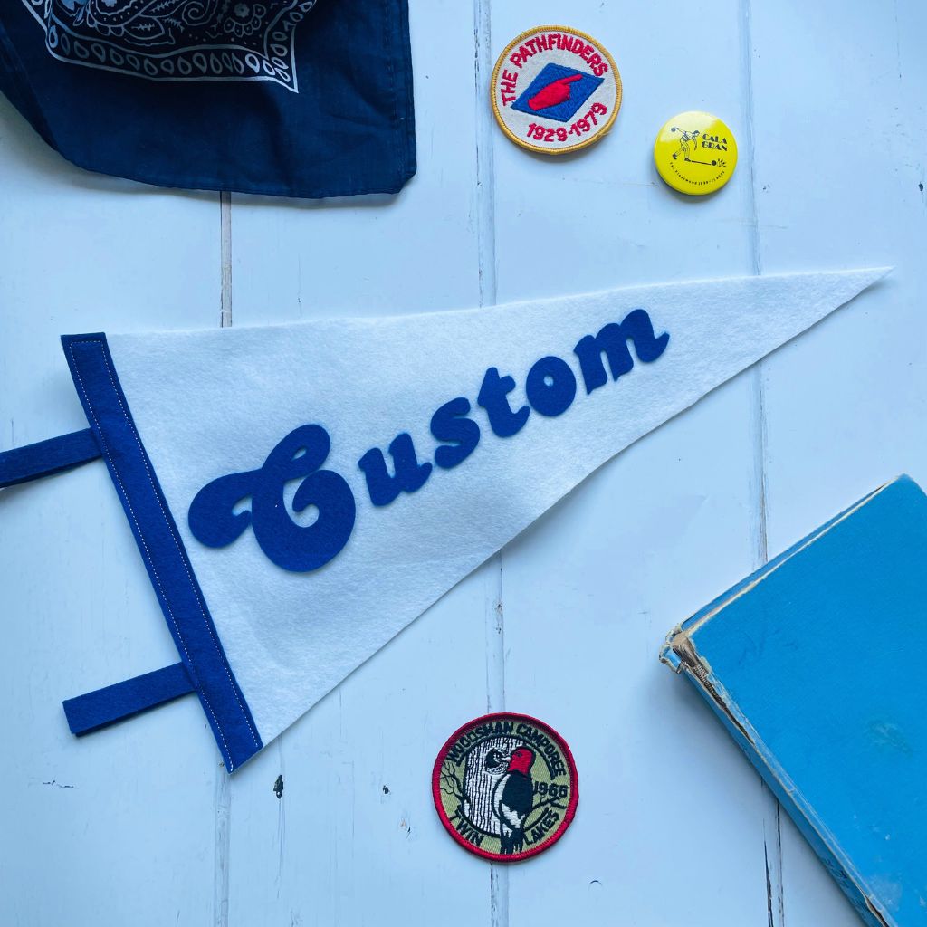 Small custom pennant flag in blue and white