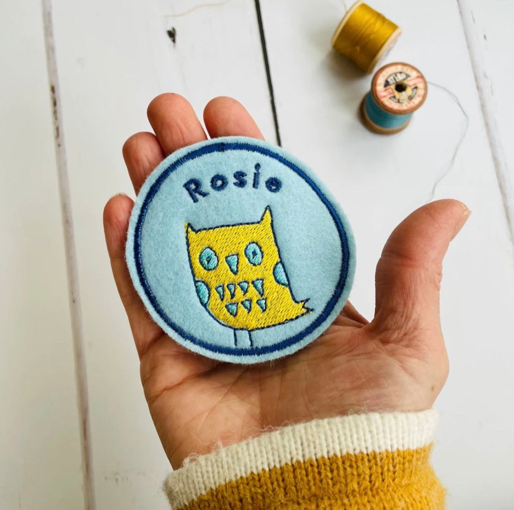 Owl embroidered name patch in pale blue