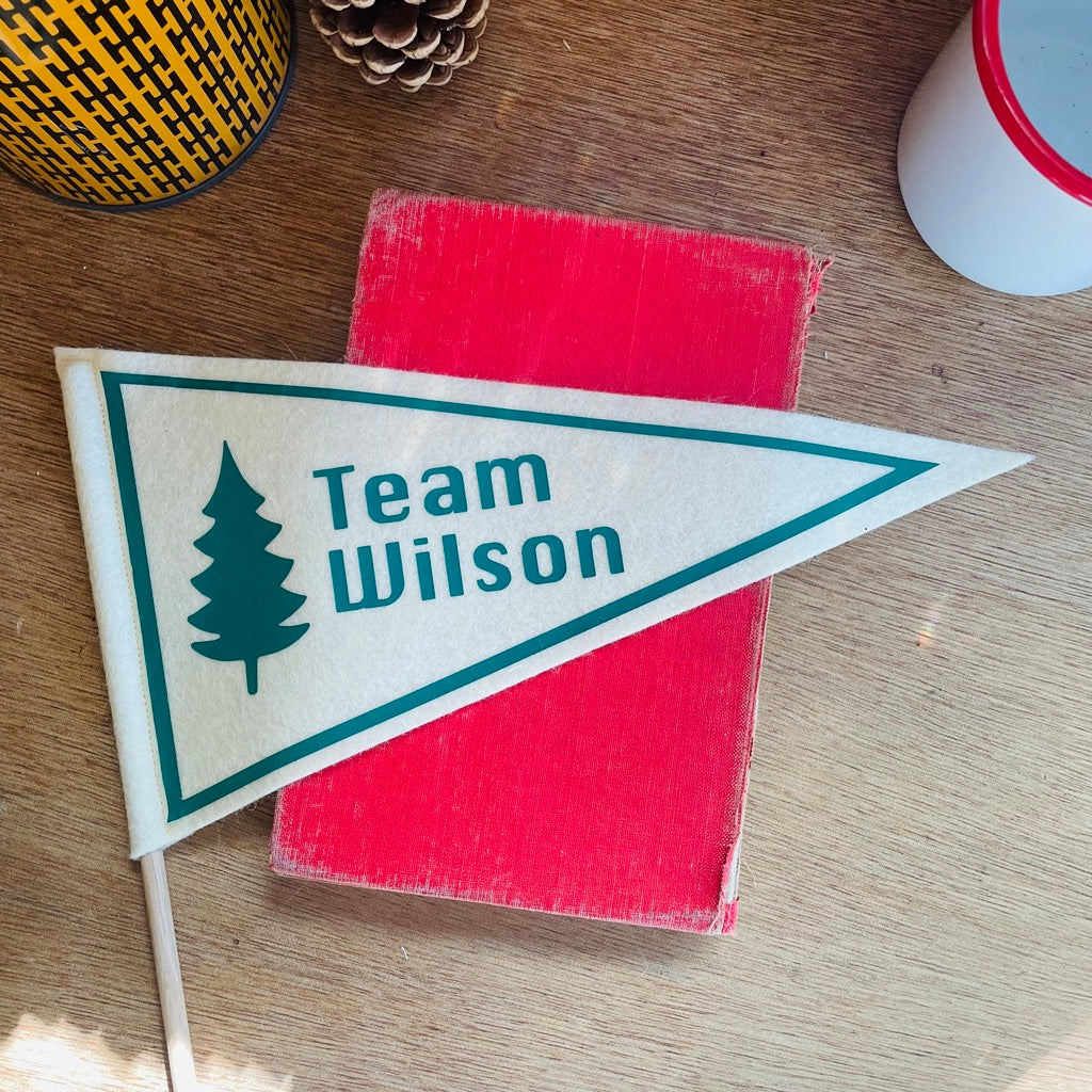 Mini Team Pennant Flag with a tree design in cream and green