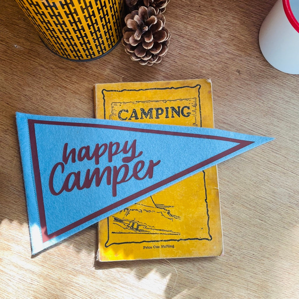 Happy Camper mini pennant flag i blue ad brown o a yellow camping book, pine cone and flask