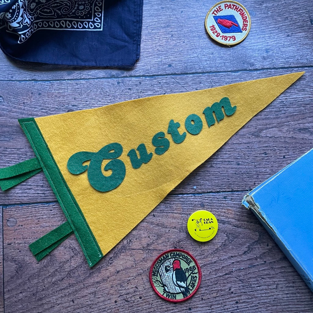 Custom pennant flag in mustard and green