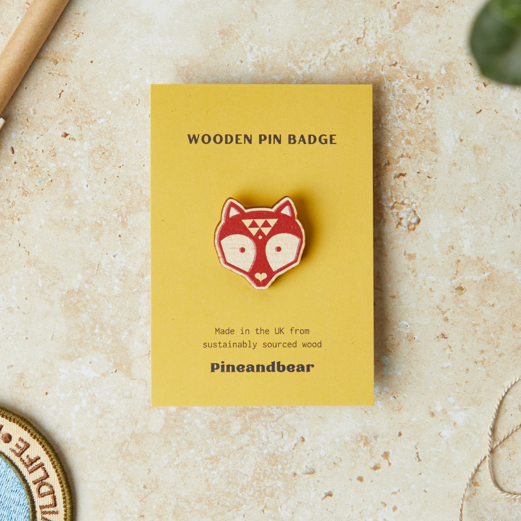 fox wooden pin badge