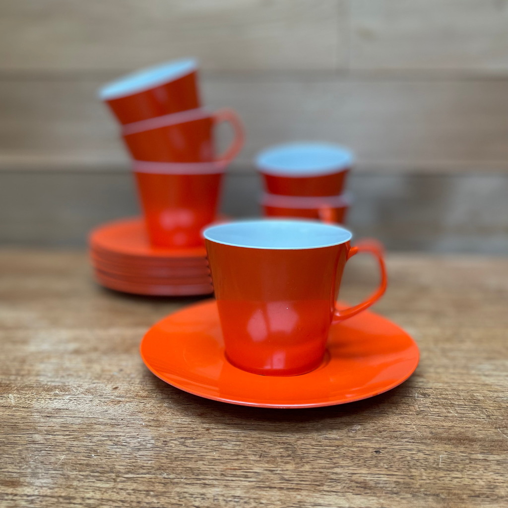 Retro Orange Melamine Cups and Saucers