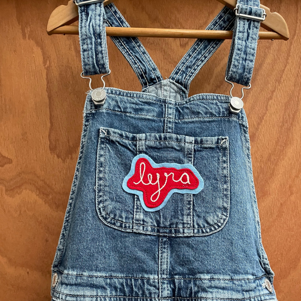 Custom Chain Stitched Embroidered Name Patch on dungarees